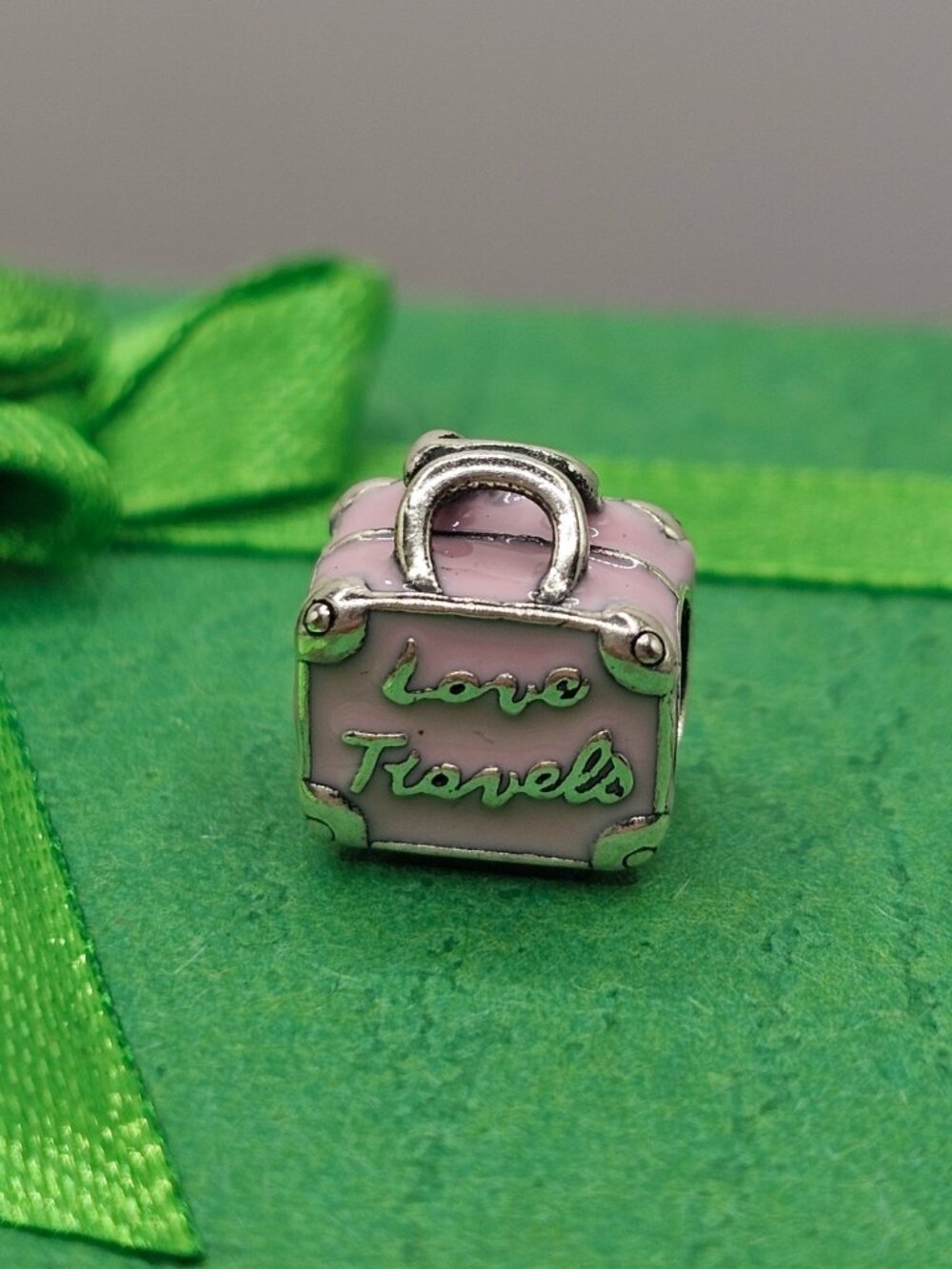 Sterling Silver 925 Rhodium Plated Pink Travel Bag "Love Travels" Charm